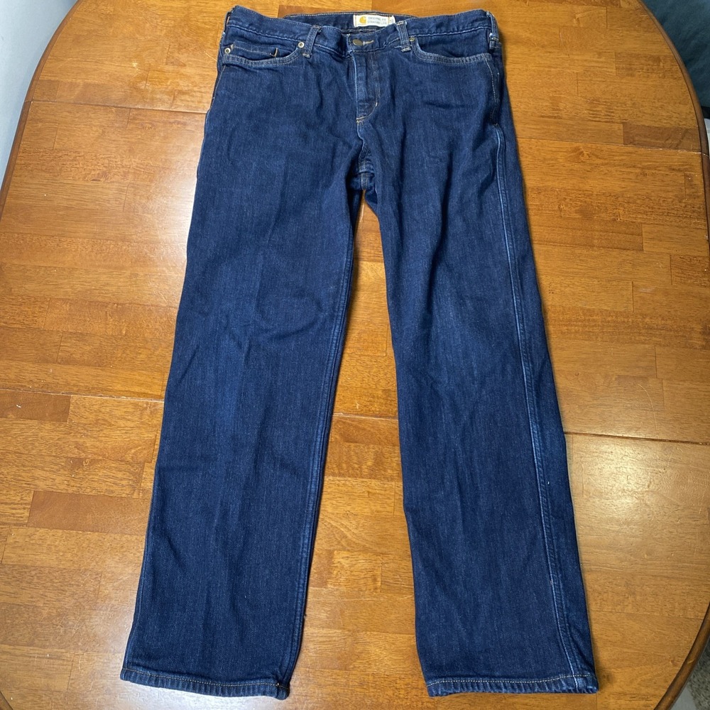 Carhartt Jeans Womens 14 Blue Original Fit Straight Blaine Flannel Lined Denim
